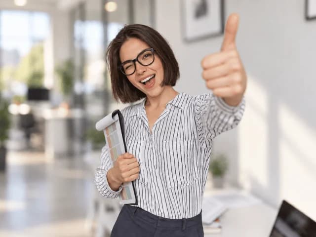 A smiling woman in a striped shirt giving a thumbs up in a bright office, a clipboard in her other hand