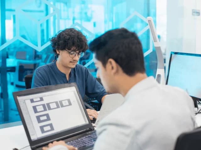Two colleagues working at laptops in a glass-walled office, one screen showing a wireframe layout