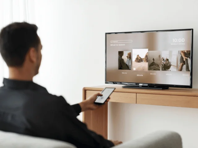 A man on a sofa holding a phone, facing a TV that shows a streaming menu