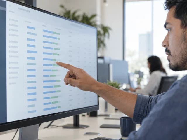 A man pointing at a large monitor showing a table of progress bars and status columns