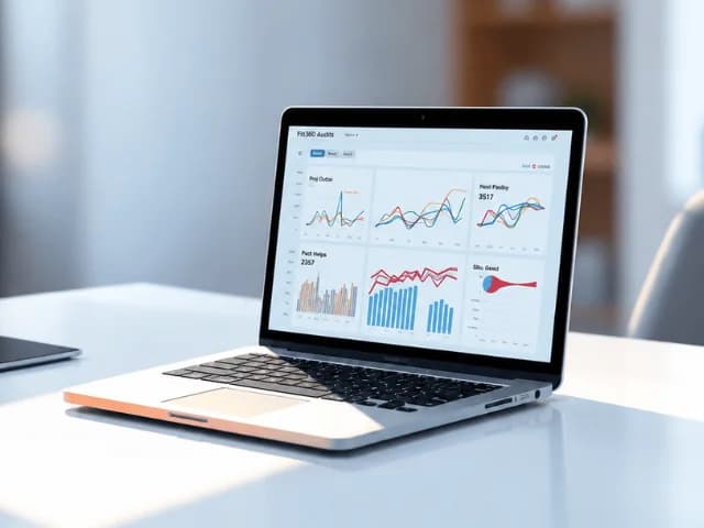 A laptop on a white desk showing an audit dashboard of line and bar charts